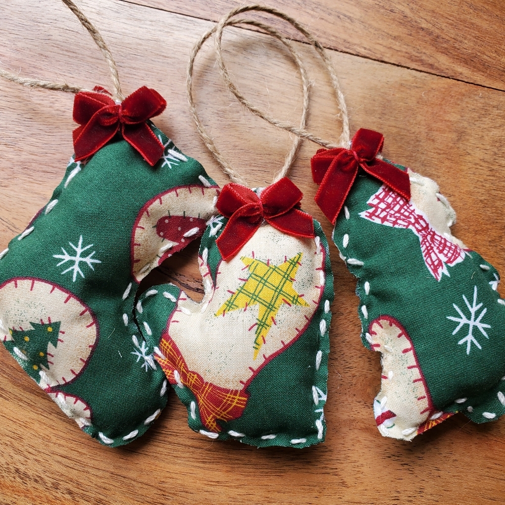 Handmade handsewn Christmas Fabric Ornaments Set Of 3 - Picture 2 of 5